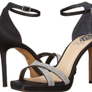 Vince Camuto Kalvira2 Black Satin Stiletto with Rhinestone Embellishment Size 9